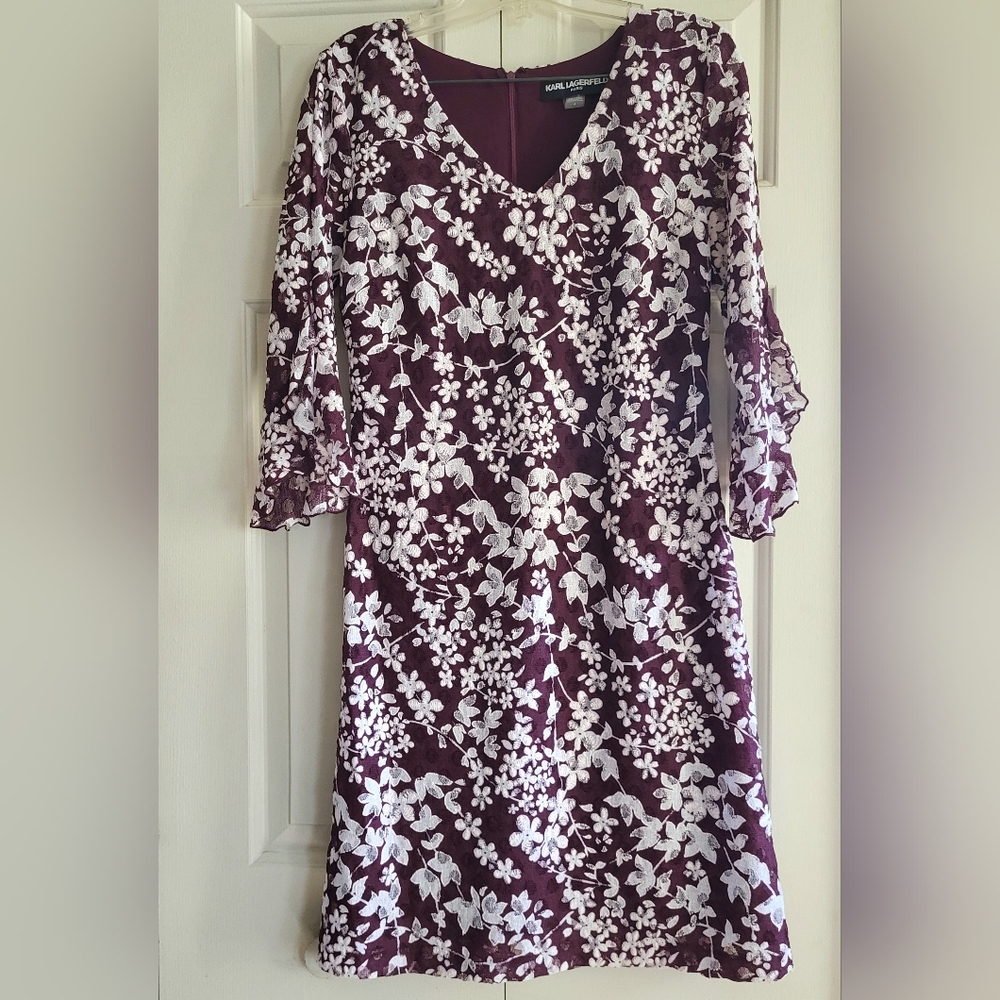 Karl Lagerfeld Burgundy Print Floral Lace Sheath Dress